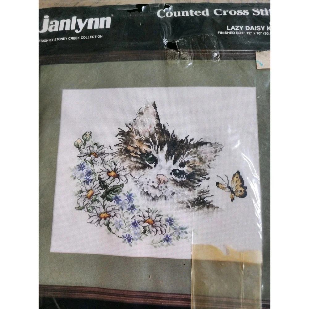 Janlynn Counted Cross Stitch Kit Lazy Daisy Kitten Vintage 1991 New Cat
